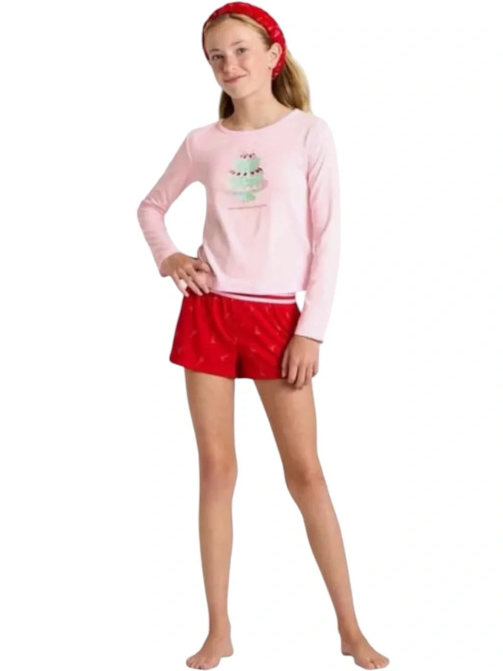 Art Class Girls Pink Ice Cream Pajama Set Long Sleeve Red Shorts Soft Sleepwear